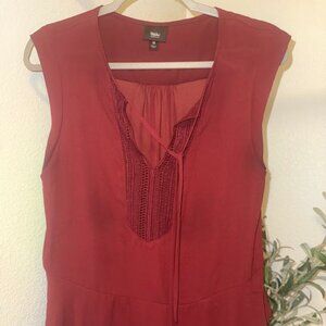 Wine Red Blouse w/ Tie Neck & Ruffle Hem